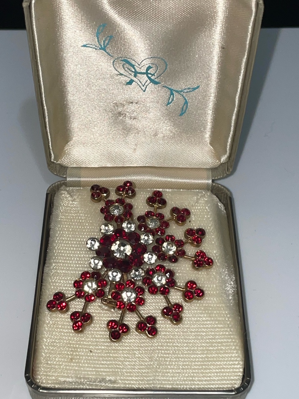 Vintage- new in box. 1960s  Red and Clear Crystal Floral Brooch - Women Jewelry